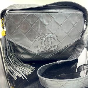 Chanel Quilted Lambskin Leather Camera Bag front flap tassel/fringe Black